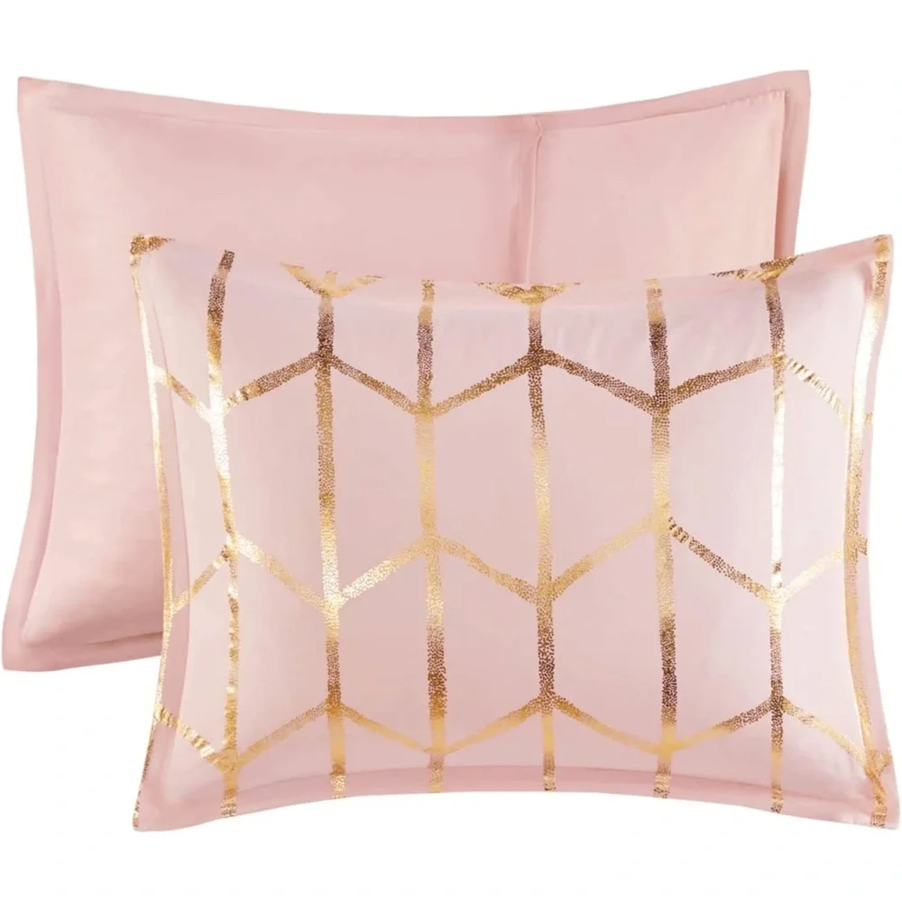 Raina 5 Piece Metallic Printed Duvet Cover Set, Queen, Blush/Gold NWT
